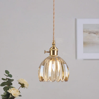 Traditional Vintage Water-ripple Glass Geometric Polygon Shade Brass 1-Light Pendant Light For Living Room