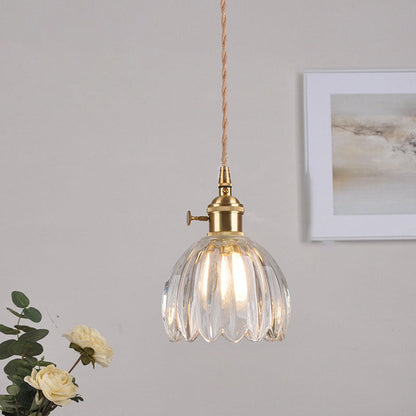 Traditional Vintage Water-ripple Glass Geometric Polygon Shade Brass 1-Light Pendant Light For Living Room