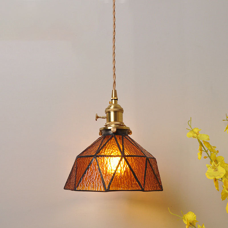 Traditional Vintage Water-ripple Glass Geometric Polygon Shade Brass 1-Light Pendant Light For Living Room