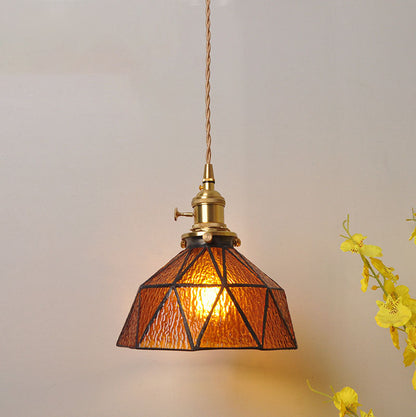 Traditional Vintage Water-ripple Glass Geometric Polygon Shade Brass 1-Light Pendant Light For Living Room