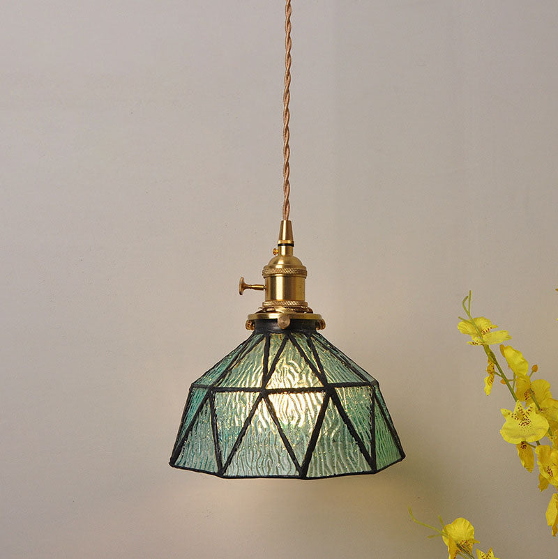 Traditional Vintage Water-ripple Glass Geometric Polygon Shade Brass 1-Light Pendant Light For Living Room
