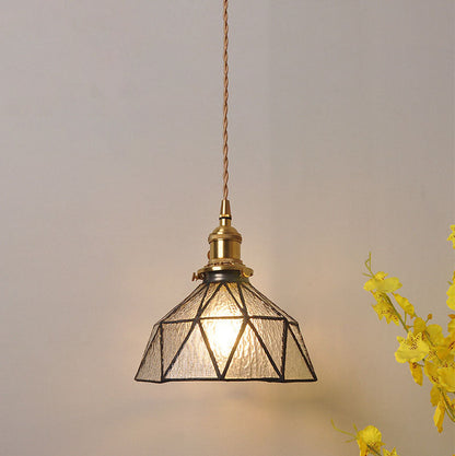Traditional Vintage Water-ripple Glass Geometric Polygon Shade Brass 1-Light Pendant Light For Living Room