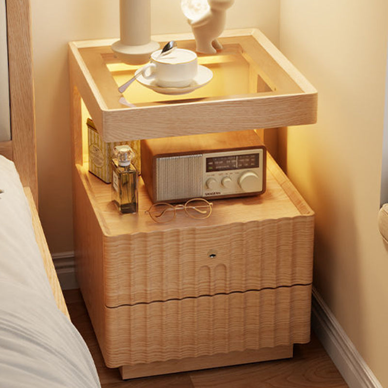 Contemporary Nordic Rectangular Solid Wood Tempered Glass Zinc Alloy Nightstand 2-Drawer For Bedroom