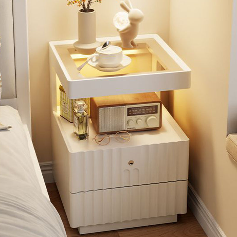 Contemporary Nordic Rectangular Solid Wood Tempered Glass Zinc Alloy Nightstand 2-Drawer For Bedroom