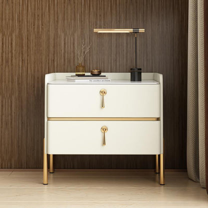 Modern Luxury Rectangular Solid Wood Rock Slab Microfiber Leather Nightstand 2-Drawer For Bedroom