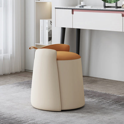 Contemporary Nordic Round Cylinder Faux Leather Wood Vanity Stool Low Backrest For Bedroom