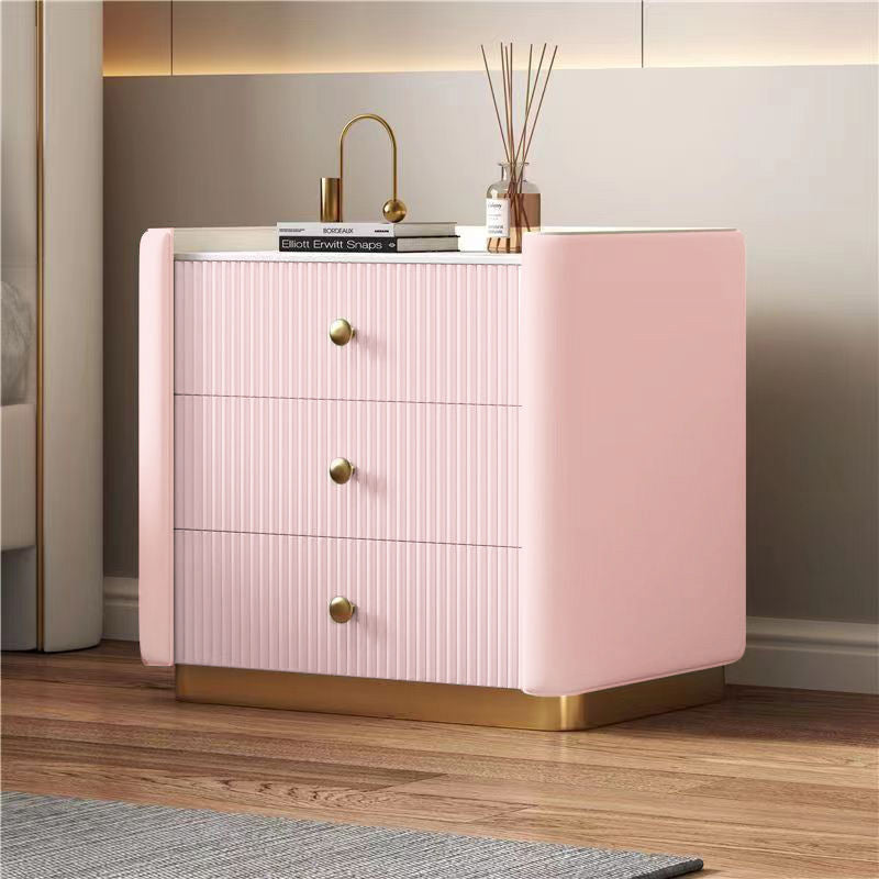 Modern Minimalist Rectangular Round Corner Wood Rock Slab Microfiber Leather Metal Nightstand 3-Drawer For Bedroom