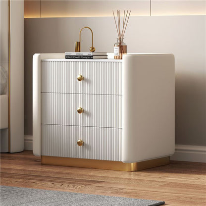 Modern Minimalist Rectangular Round Corner Wood Rock Slab Microfiber Leather Metal Nightstand 3-Drawer For Bedroom