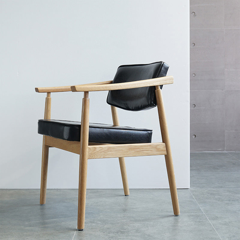 Contemporary Nordic Rectangular PU Leather Oak Dining Chair Backrest Arm For Dining Room