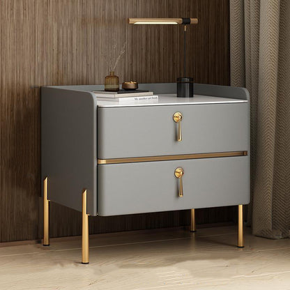 Modern Luxury Rectangular Solid Wood Rock Slab Microfiber Leather Nightstand 2-Drawer For Bedroom