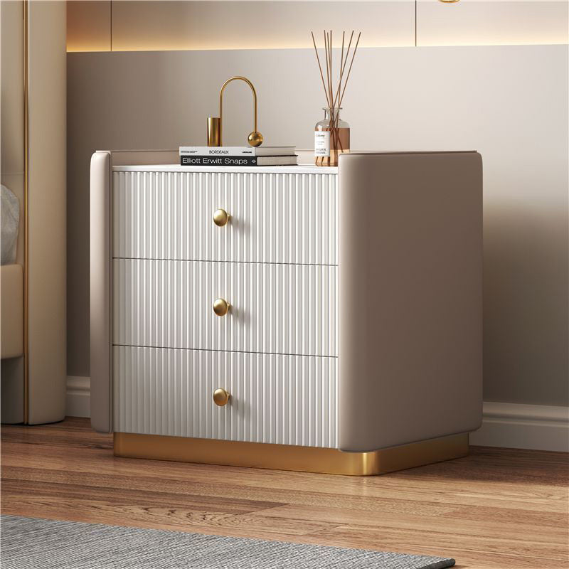 Modern Minimalist Rectangular Round Corner Wood Rock Slab Microfiber Leather Metal Nightstand 3-Drawer For Bedroom