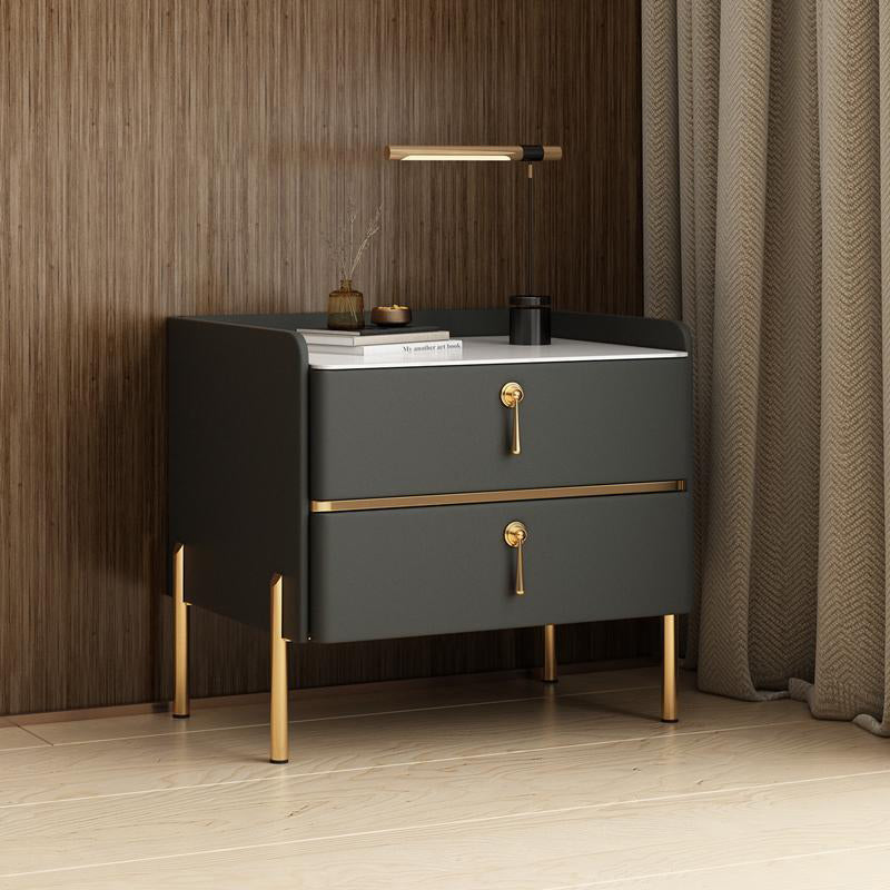 Modern Luxury Rectangular Solid Wood Rock Slab Microfiber Leather Nightstand 2-Drawer For Bedroom