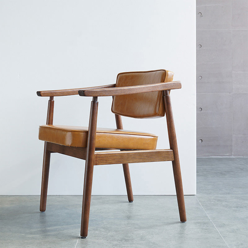 Contemporary Nordic Rectangular PU Leather Oak Dining Chair Backrest Arm For Dining Room