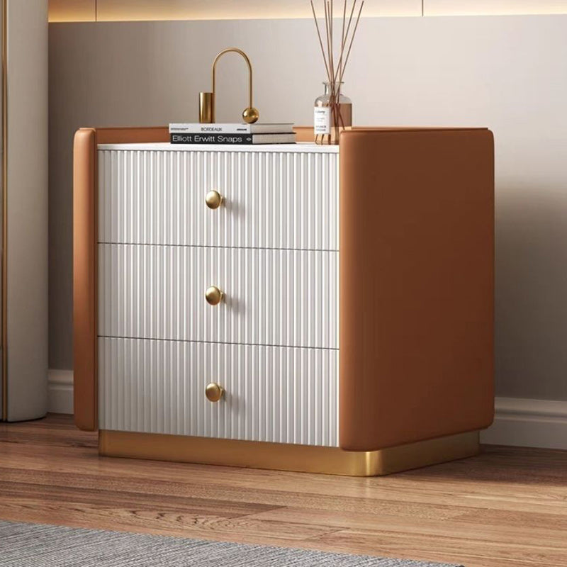 Modern Minimalist Rectangular Round Corner Wood Rock Slab Microfiber Leather Metal Nightstand 3-Drawer For Bedroom