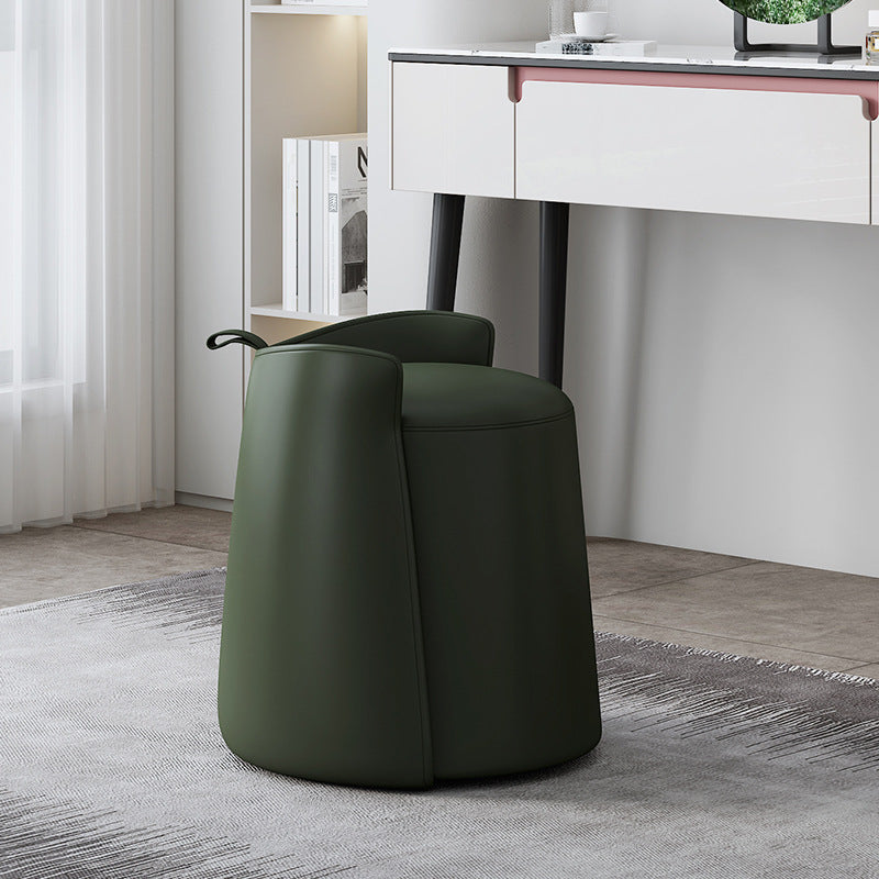 Contemporary Nordic Round Cylinder Faux Leather Wood Vanity Stool Low Backrest For Bedroom