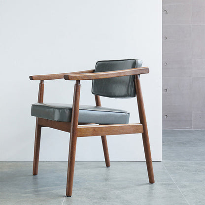 Contemporary Nordic Rectangular PU Leather Oak Dining Chair Backrest Arm For Dining Room