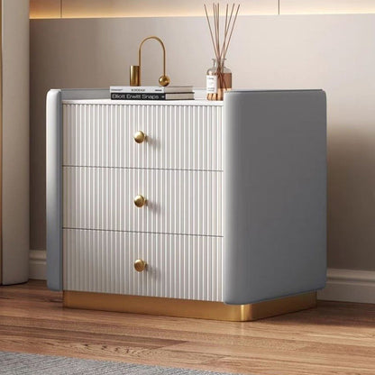 Modern Minimalist Rectangular Round Corner Wood Rock Slab Microfiber Leather Metal Nightstand 3-Drawer For Bedroom