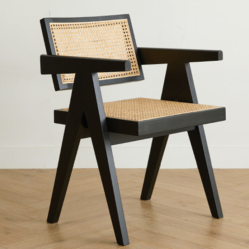 Traditional Japanese Weaving Rattan Wood Square Rectangular V Shape Frame Dining Chair Backrest Armrest For Dining Room