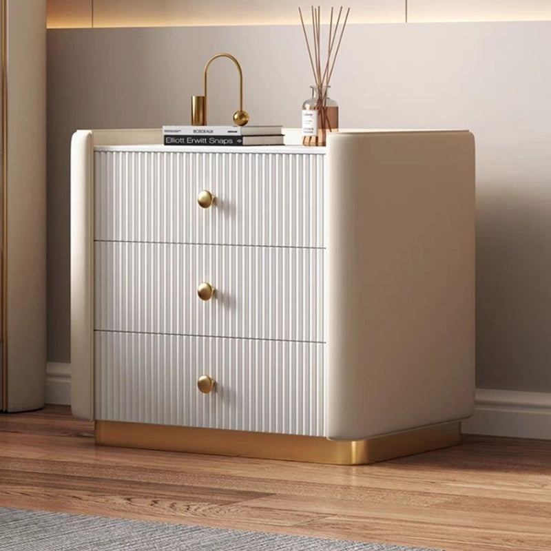 Modern Minimalist Rectangular Round Corner Wood Rock Slab Microfiber Leather Metal Nightstand 3-Drawer For Bedroom