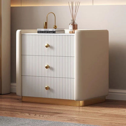 Modern Minimalist Rectangular Round Corner Wood Rock Slab Microfiber Leather Metal Nightstand 3-Drawer For Bedroom