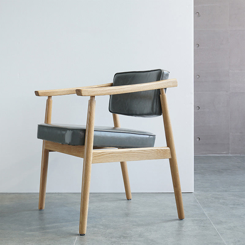 Contemporary Nordic Rectangular PU Leather Oak Dining Chair Backrest Arm For Dining Room