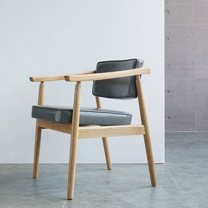 Contemporary Nordic Rectangular PU Leather Oak Dining Chair Backrest Arm For Dining Room