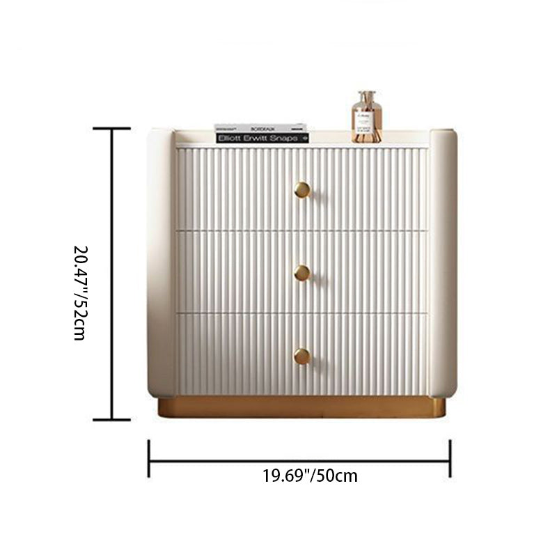 Modern Minimalist Rectangular Round Corner Wood Rock Slab Microfiber Leather Metal Nightstand 3-Drawer For Bedroom