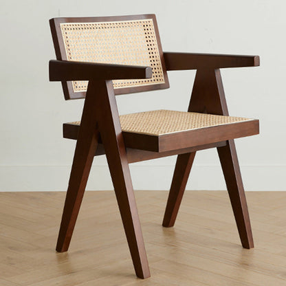 Traditional Japanese Weaving Rattan Wood Square Rectangular V Shape Frame Dining Chair Backrest Armrest For Dining Room