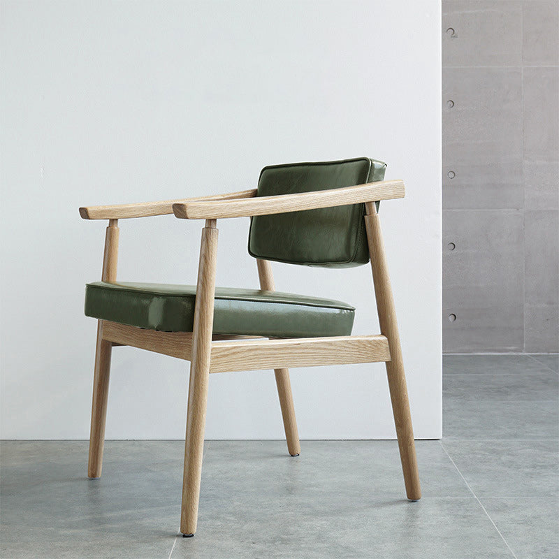 Contemporary Nordic Rectangular PU Leather Oak Dining Chair Backrest Arm For Dining Room