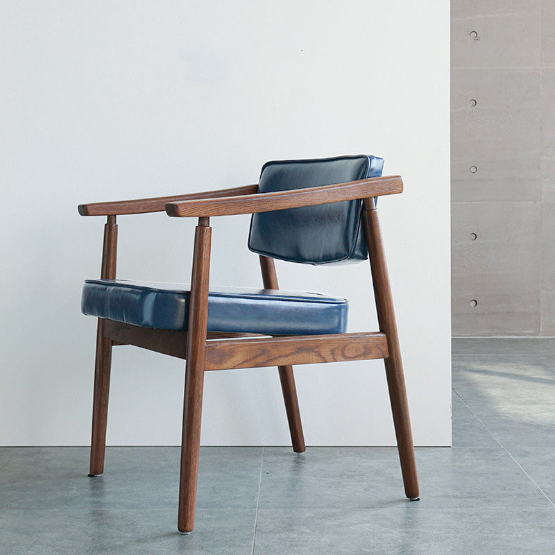 Contemporary Nordic Rectangular PU Leather Oak Dining Chair Backrest Arm For Dining Room