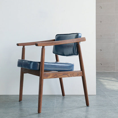 Contemporary Nordic Rectangular PU Leather Oak Dining Chair Backrest Arm For Dining Room