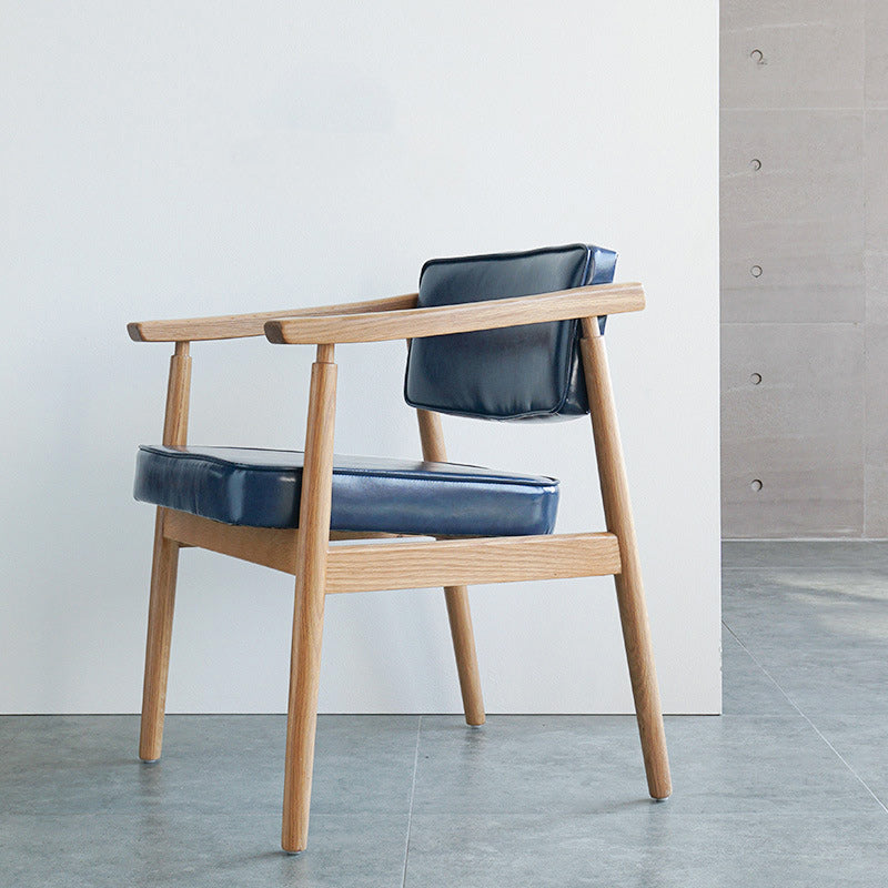 Contemporary Nordic Rectangular PU Leather Oak Dining Chair Backrest Arm For Dining Room