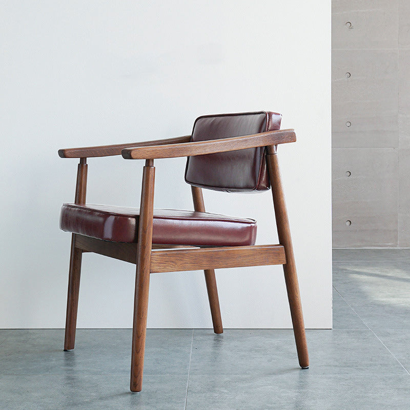 Contemporary Nordic Rectangular PU Leather Oak Dining Chair Backrest Arm For Dining Room