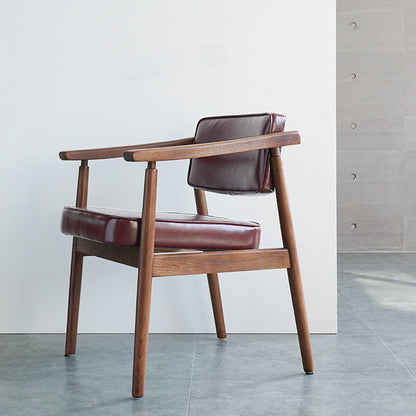 Contemporary Nordic Rectangular PU Leather Oak Dining Chair Backrest Arm For Dining Room