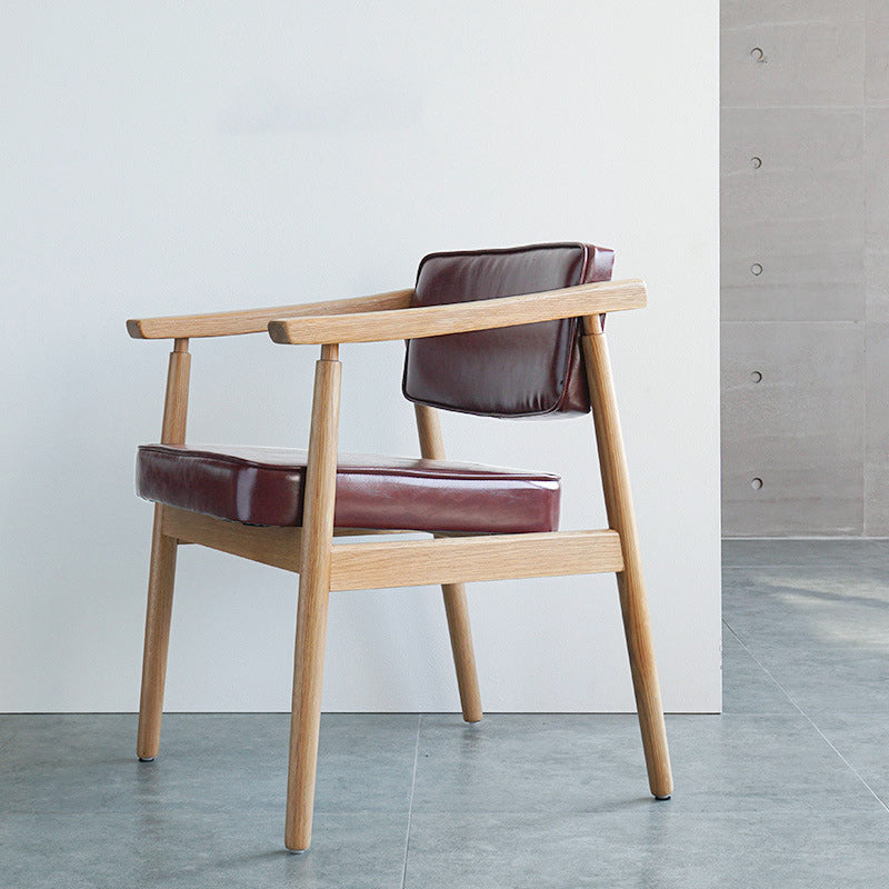 Contemporary Nordic Rectangular PU Leather Oak Dining Chair Backrest Arm For Dining Room