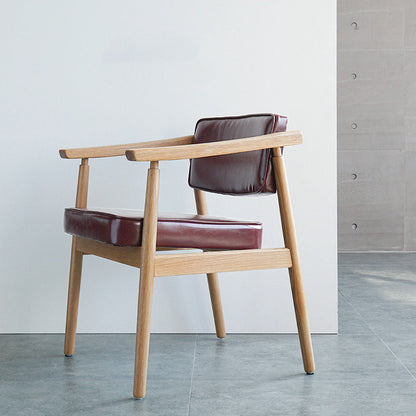 Contemporary Nordic Rectangular PU Leather Oak Dining Chair Backrest Arm For Dining Room
