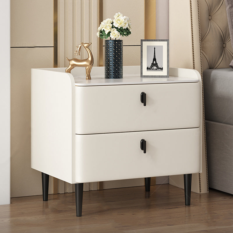 Modern Minimalist Square Microfiber Leather Solid Wood Rock Plate Alloy Carbon Steel Nightstand 2-Drawer For Bedroom