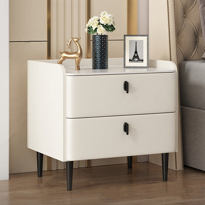 Modern Minimalist Square Microfiber Leather Solid Wood Rock Plate Alloy Carbon Steel Nightstand 2-Drawer For Bedroom