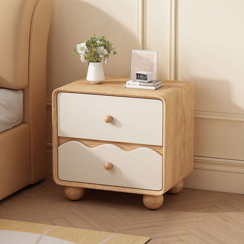 Modern Minimalist Rectangular Cat-Scratch-Resistant Leather Solid Wood Nightstand 2-Drawer For Bedroom