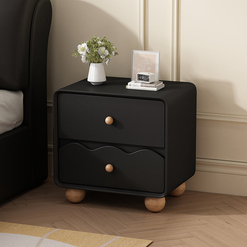 Modern Minimalist Rectangular Cat-Scratch-Resistant Leather Solid Wood Nightstand 2-Drawer For Bedroom