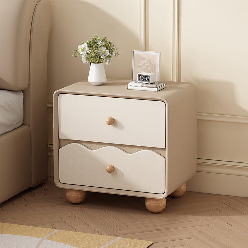 Modern Minimalist Rectangular Cat-Scratch-Resistant Leather Solid Wood Nightstand 2-Drawer For Bedroom