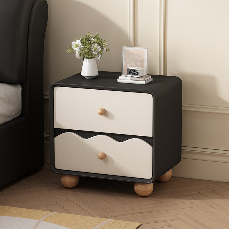 Modern Minimalist Rectangular Cat-Scratch-Resistant Leather Solid Wood Nightstand 2-Drawer For Bedroom