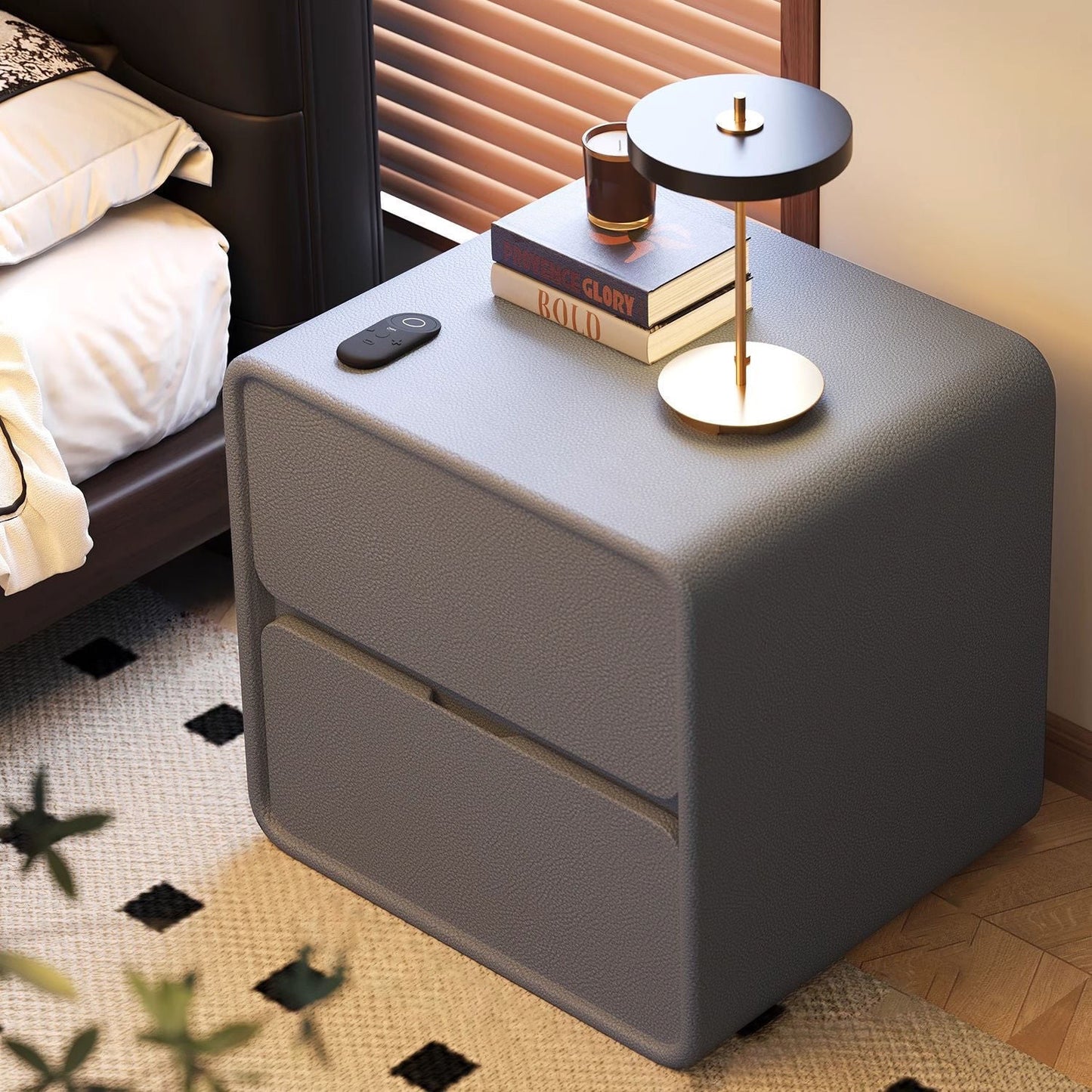 Modern Minimalist Rectangular Medium Density Fiberboard Cat-Scratch-Resistant Leather Solid Wood Nightstand 2-Drawer For Bedroom