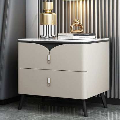 Contemporary Nordic Rectangular Stone Slab Wood Microfiber Leather Carbon Steel Nightstand 2-Drawer For Bedroom