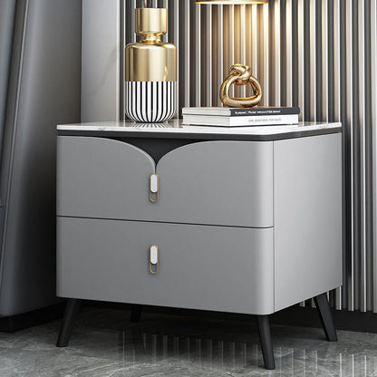 Contemporary Nordic Rectangular Stone Slab Wood Microfiber Leather Carbon Steel Nightstand 2-Drawer For Bedroom