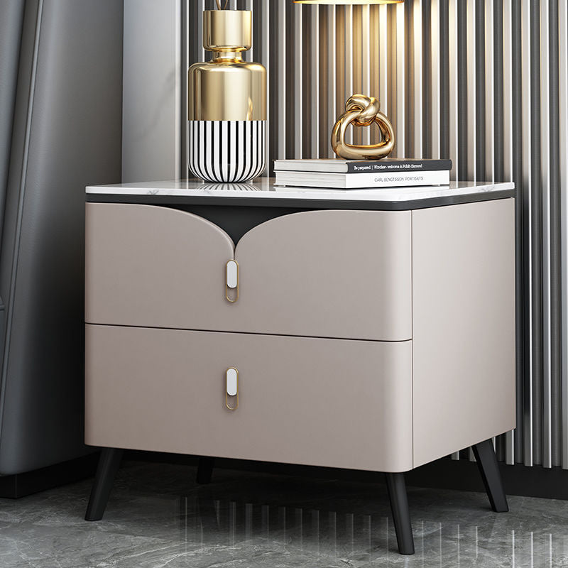 Contemporary Nordic Rectangular Stone Slab Wood Microfiber Leather Carbon Steel Nightstand 2-Drawer For Bedroom