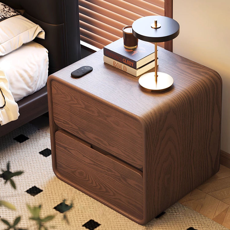 Modern Minimalist Rectangular Medium Density Fiberboard Cat-Scratch-Resistant Leather Solid Wood Nightstand 2-Drawer For Bedroom