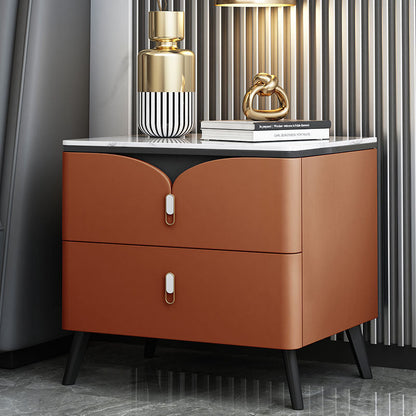Contemporary Nordic Rectangular Stone Slab Wood Microfiber Leather Carbon Steel Nightstand 2-Drawer For Bedroom