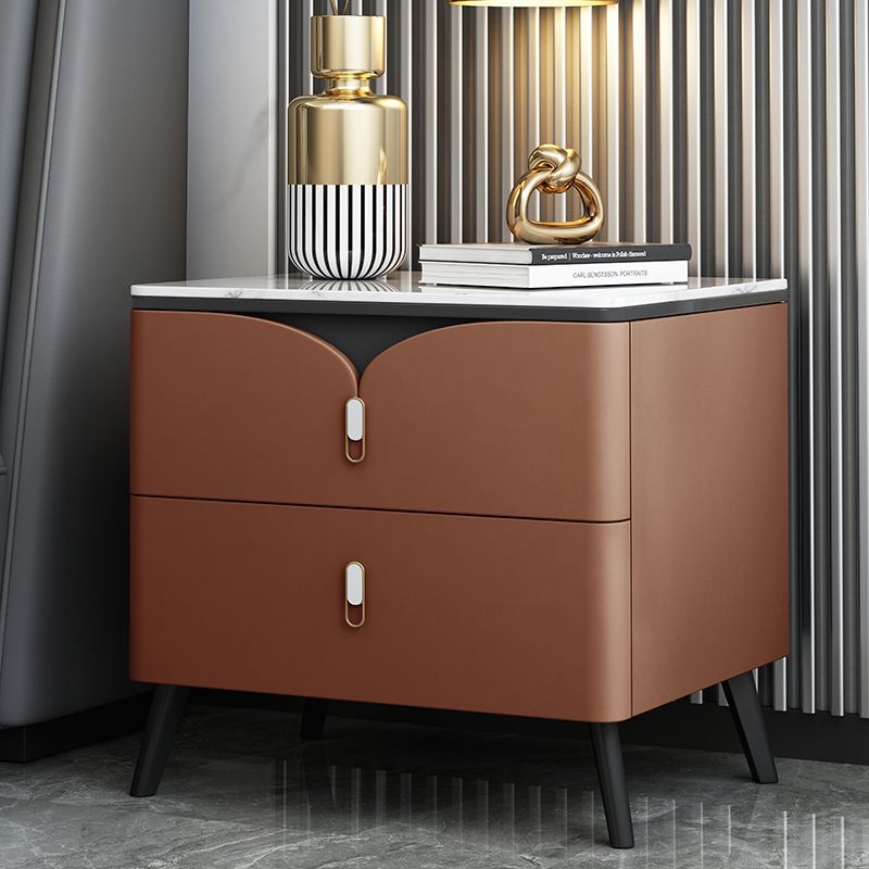 Contemporary Nordic Rectangular Stone Slab Wood Microfiber Leather Carbon Steel Nightstand 2-Drawer For Bedroom