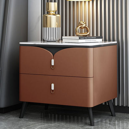 Contemporary Nordic Rectangular Stone Slab Wood Microfiber Leather Carbon Steel Nightstand 2-Drawer For Bedroom